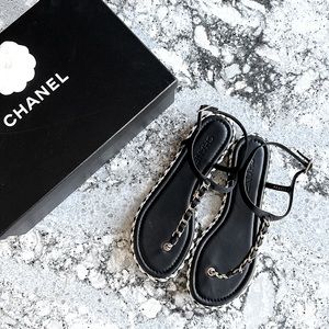 CHANEL silk + leather chain sandals
